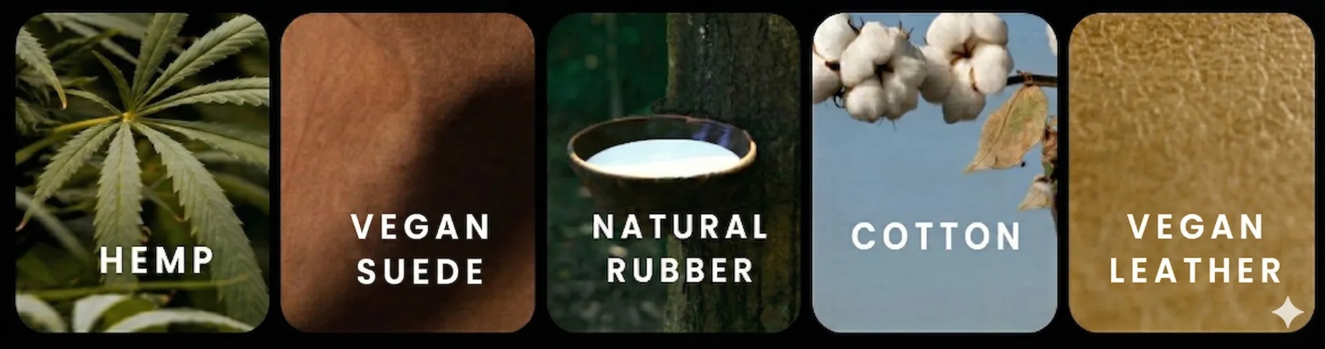 Hemp, vegan suede, natural rubber, cotton, vegan leather